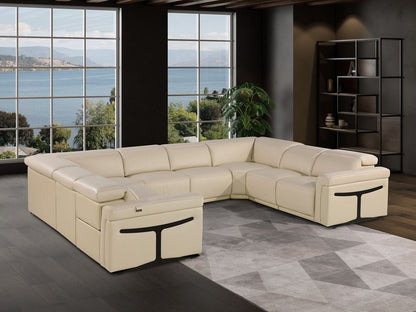 Beige Italian Leather Power Reclining U Shaped Eight Piece Corner Sectional With Console - FurniFindUSA