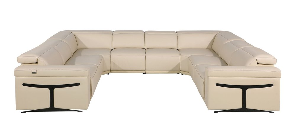 Beige Italian Leather Power Reclining U Shaped Eight Piece Corner Sectional With Console HomeRoots