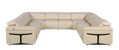 Beige Italian Leather Power Reclining U Shaped Eight Piece Corner Sectional With Console HomeRoots