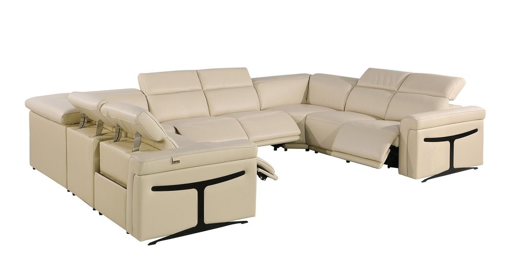 Beige Italian Leather Power Reclining U Shaped Eight Piece Corner Sectional With Console HomeRoots