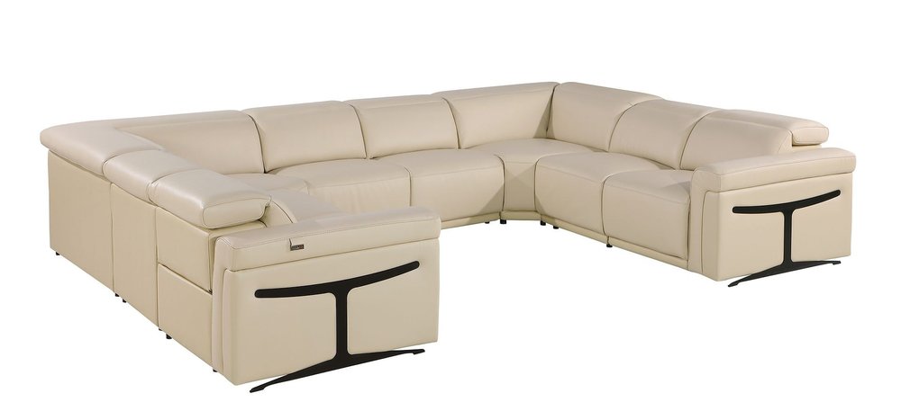 Beige Italian Leather Power Reclining U Shaped Eight Piece Corner Sectional With Console HomeRoots