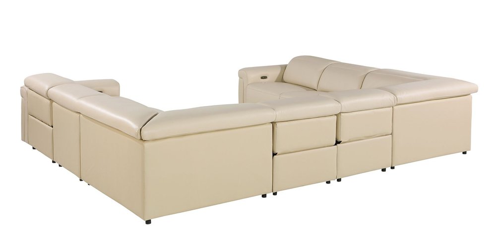 Beige Italian Leather Power Reclining U Shaped Eight Piece Corner Sectional With Console HomeRoots
