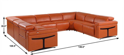 Camel Italian Leather Power Reclining U Shaped Eight Piece Corner Sectional With Console HomeRoots