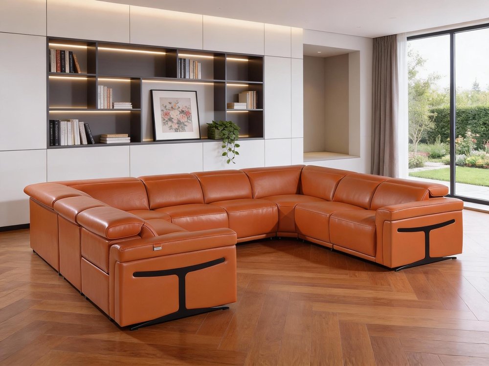 Camel Italian Leather Power Reclining U Shaped Eight Piece Corner Sectional With Console HomeRoots