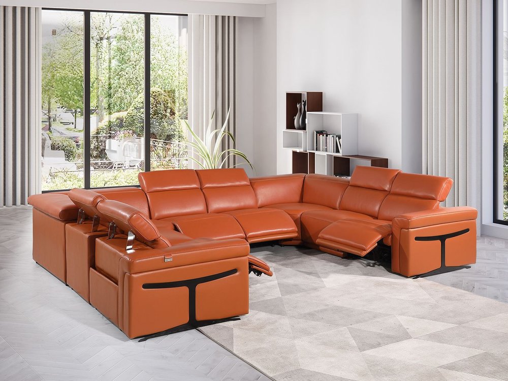 Camel Italian Leather Power Reclining U Shaped Eight Piece Corner Sectional With Console - FurniFindUSA