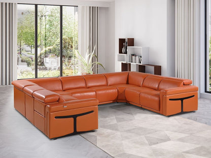 Camel Italian Leather Power Reclining U Shaped Eight Piece Corner Sectional With Console - FurniFindUSA