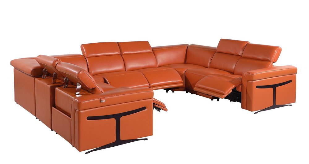 Camel Italian Leather Power Reclining U Shaped Eight Piece Corner Sectional With Console HomeRoots