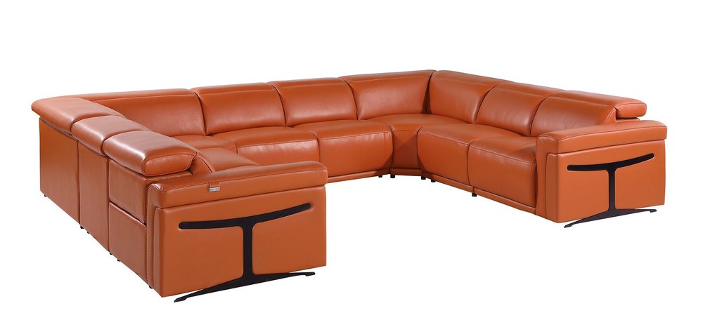 Camel Italian Leather Power Reclining U Shaped Eight Piece Corner Sectional With Console HomeRoots