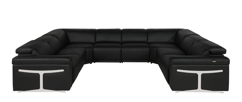 Black Italian Leather Power Reclining U Shaped Eight Piece Corner Sectional With Console HomeRoots