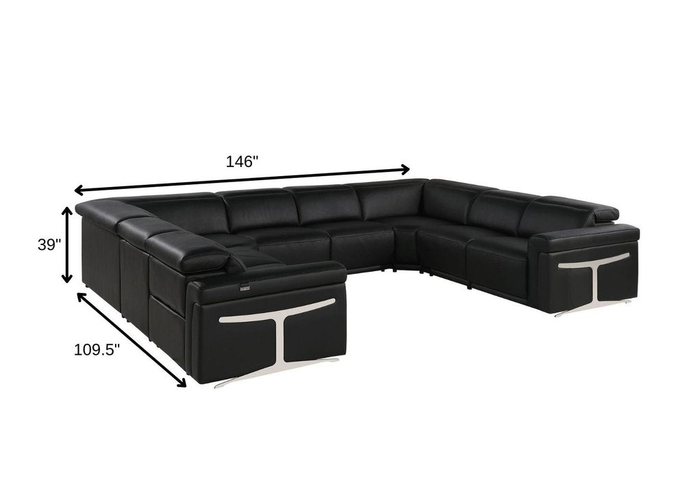 Black Italian Leather Power Reclining U Shaped Eight Piece Corner Sectional With Console HomeRoots