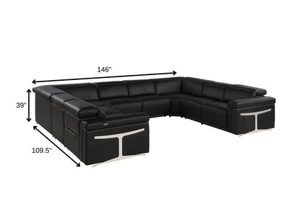 Black Italian Leather Power Reclining U Shaped Eight Piece Corner Sectional With Console HomeRoots