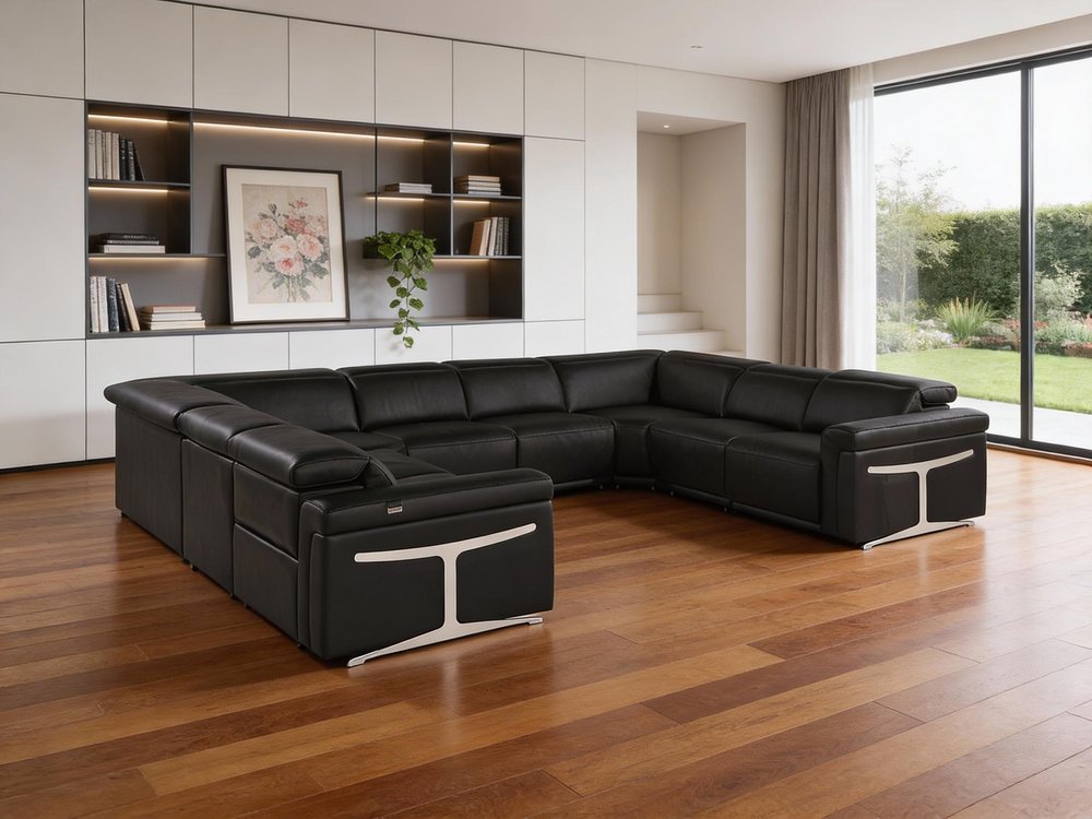 Black Italian Leather Power Reclining U Shaped Eight Piece Corner Sectional With Console HomeRoots