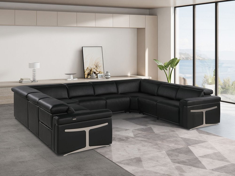 Black Italian Leather Power Reclining U Shaped Eight Piece Corner Sectional With Console - FurniFindUSA