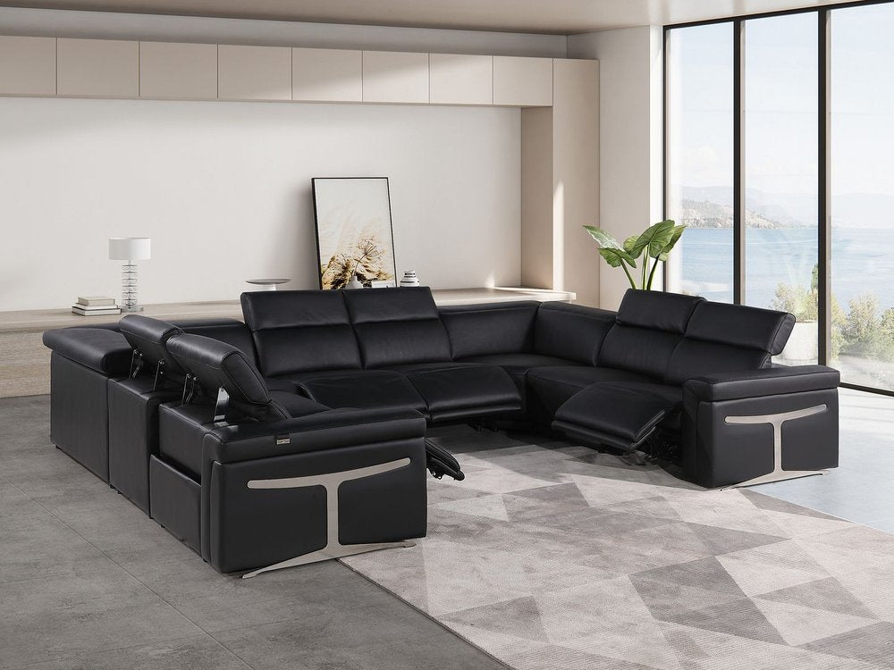 Black Italian Leather Power Reclining U Shaped Eight Piece Corner Sectional With Console - FurniFindUSA