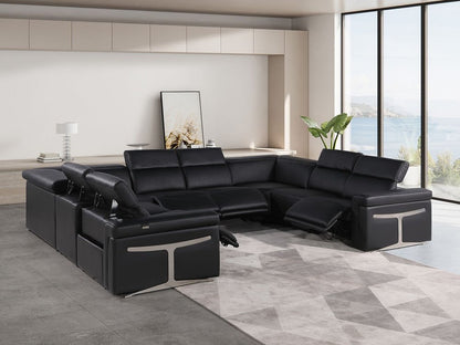 Black Italian Leather Power Reclining U Shaped Eight Piece Corner Sectional With Console - FurniFindUSA