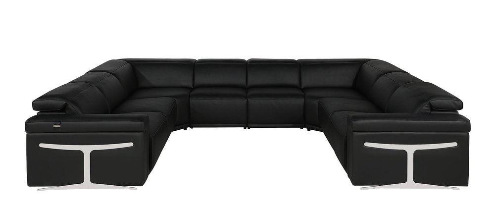 Black Italian Leather Power Reclining U Shaped Eight Piece Corner Sectional With Console HomeRoots