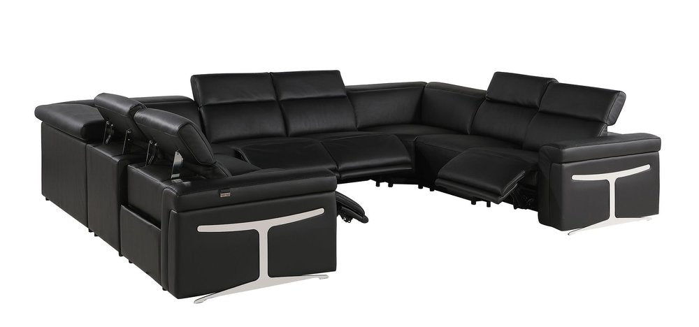 Black Italian Leather Power Reclining U Shaped Eight Piece Corner Sectional With Console HomeRoots