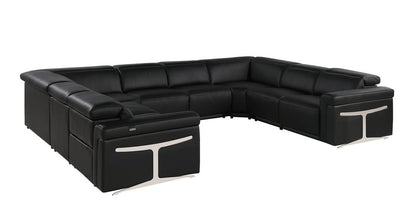 Black Italian Leather Power Reclining U Shaped Eight Piece Corner Sectional With Console - FurniFindUSA
