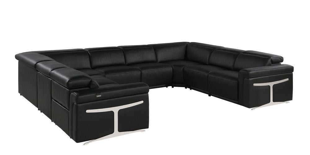 Black Italian Leather Power Reclining U Shaped Eight Piece Corner Sectional With Console HomeRoots