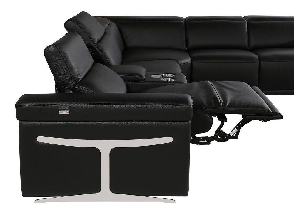 Black Italian Leather Power Reclining U Shaped Eight Piece Corner Sectional With Console HomeRoots
