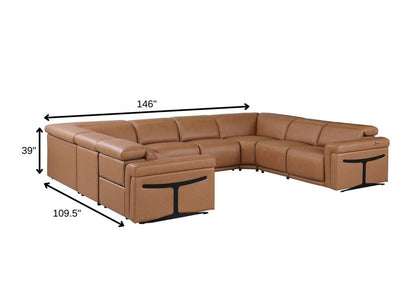 Chestnut Italian Leather Power Reclining U Shaped Eight Piece Corner Sectional With Console HomeRoots