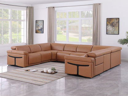 Chestnut Italian Leather Power Reclining U Shaped Eight Piece Corner Sectional With Console HomeRoots
