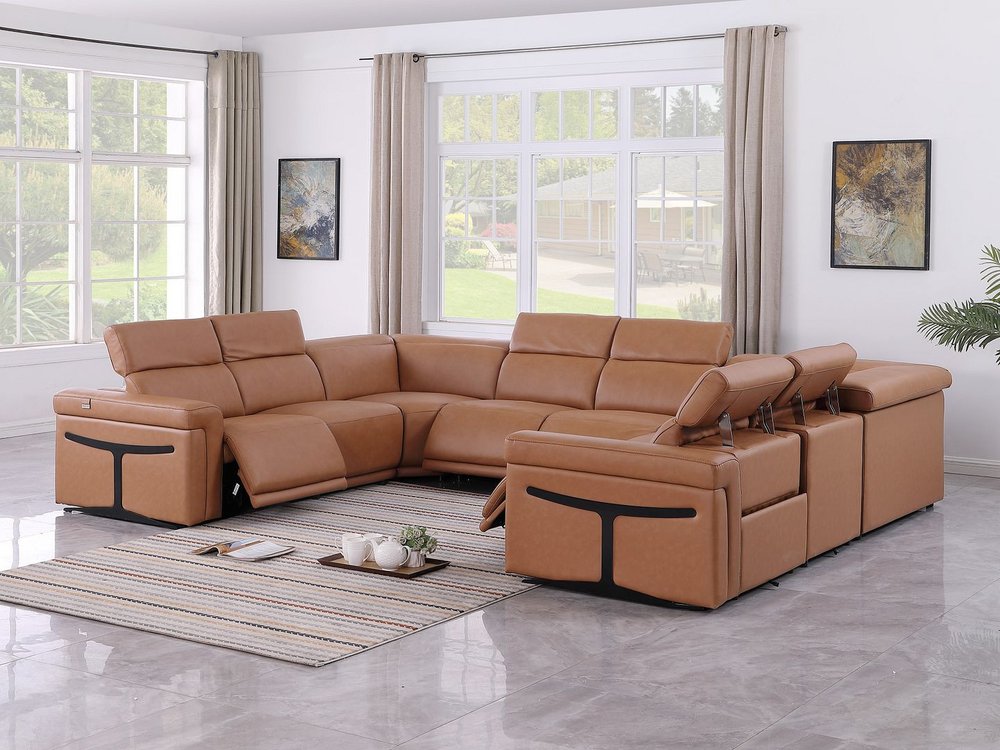 Chestnut Italian Leather Power Reclining U Shaped Eight Piece Corner Sectional With Console HomeRoots
