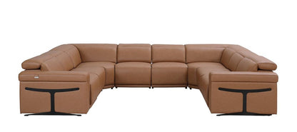 Chestnut Italian Leather Power Reclining U Shaped Eight Piece Corner Sectional With Console HomeRoots