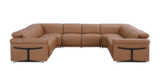 Chestnut Italian Leather Power Reclining U Shaped Eight Piece Corner Sectional With Console HomeRoots