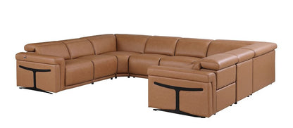 Chestnut Italian Leather Power Reclining U Shaped Eight Piece Corner Sectional With Console HomeRoots