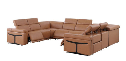 Chestnut Italian Leather Power Reclining U Shaped Eight Piece Corner Sectional With Console HomeRoots