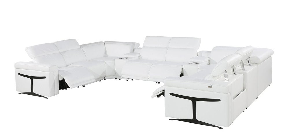 White Italian Leather Power Reclining U Shaped Ten Piece Corner Sectional With Console HomeRoots