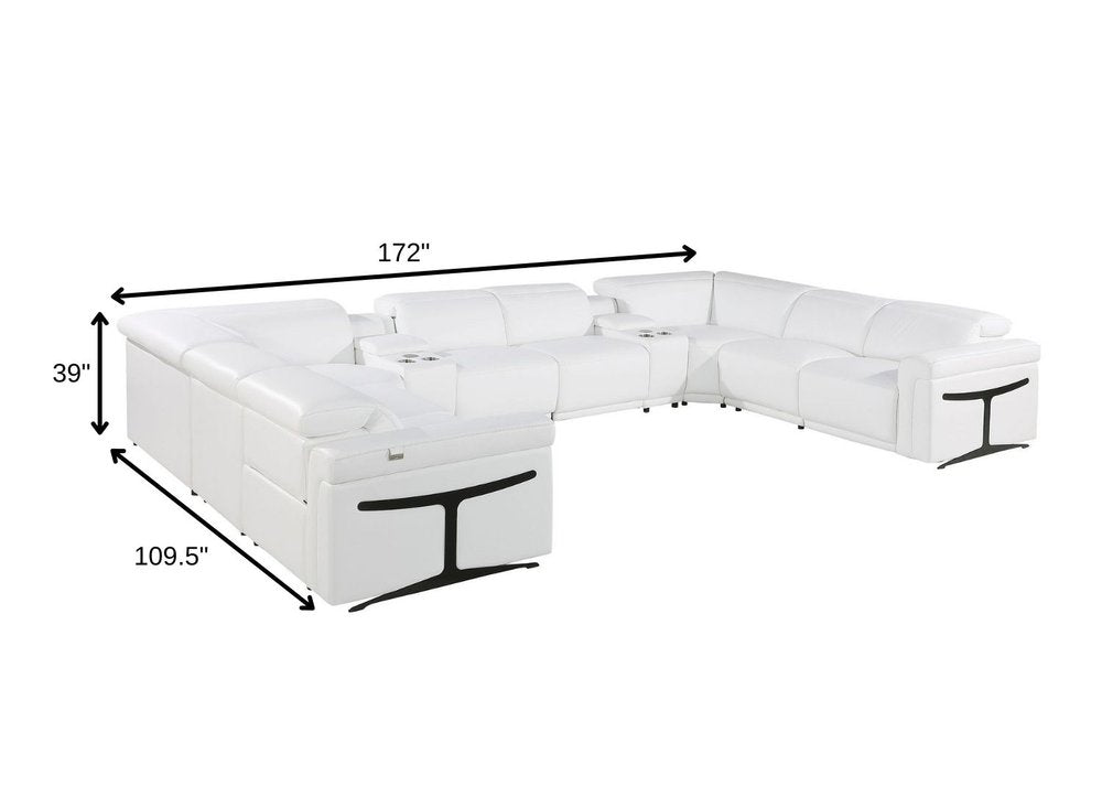 White Italian Leather Power Reclining U Shaped Ten Piece Corner Sectional With Console HomeRoots