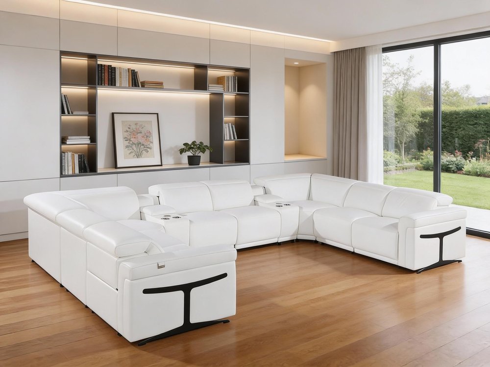 White Italian Leather Power Reclining U Shaped Ten Piece Corner Sectional With Console HomeRoots