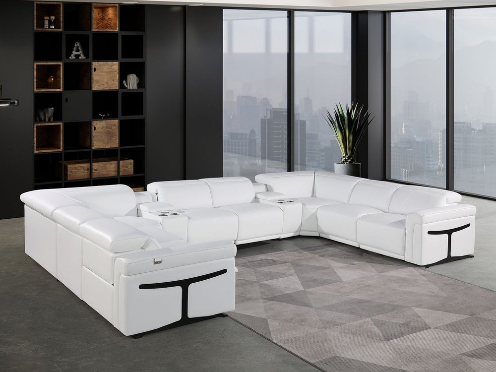 White Italian Leather Power Reclining U Shaped Ten Piece Corner Sectional With Console - FurniFindUSA