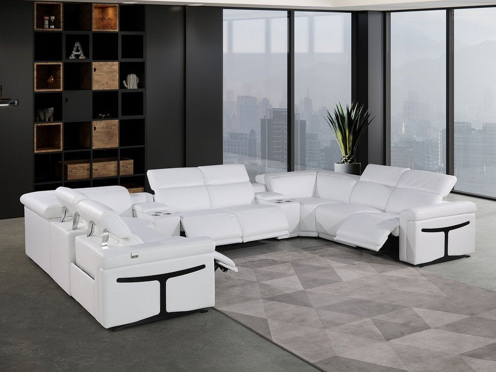 White Italian Leather Power Reclining U Shaped Ten Piece Corner Sectional With Console - FurniFindUSA
