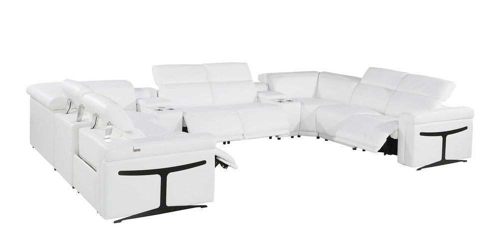 White Italian Leather Power Reclining U Shaped Ten Piece Corner Sectional With Console HomeRoots