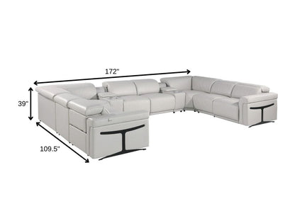 Light Gray Italian Leather Power Reclining U Shaped Ten Piece Corner Sectional With Console HomeRoots