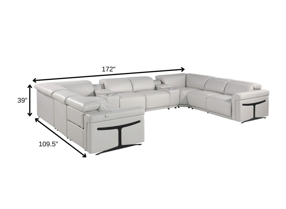 Light Gray Italian Leather Power Reclining U Shaped Ten Piece Corner Sectional With Console HomeRoots