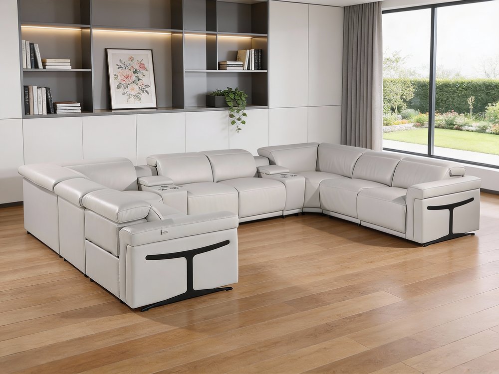 Light Gray Italian Leather Power Reclining U Shaped Ten Piece Corner Sectional With Console HomeRoots