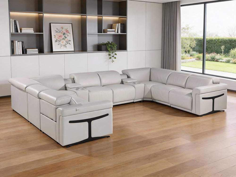 Light Gray Italian Leather Power Reclining U Shaped Ten Piece Corner Sectional With Console HomeRoots