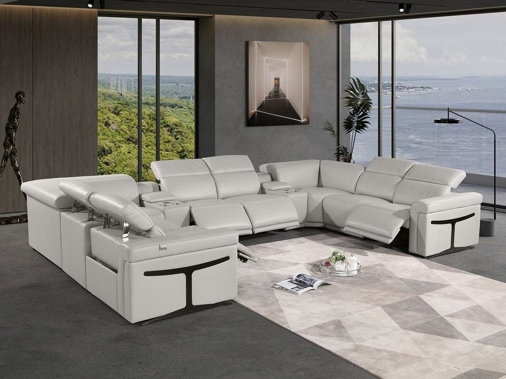 Light Gray Italian Leather Power Reclining U Shaped Ten Piece Corner Sectional With Console HomeRoots
