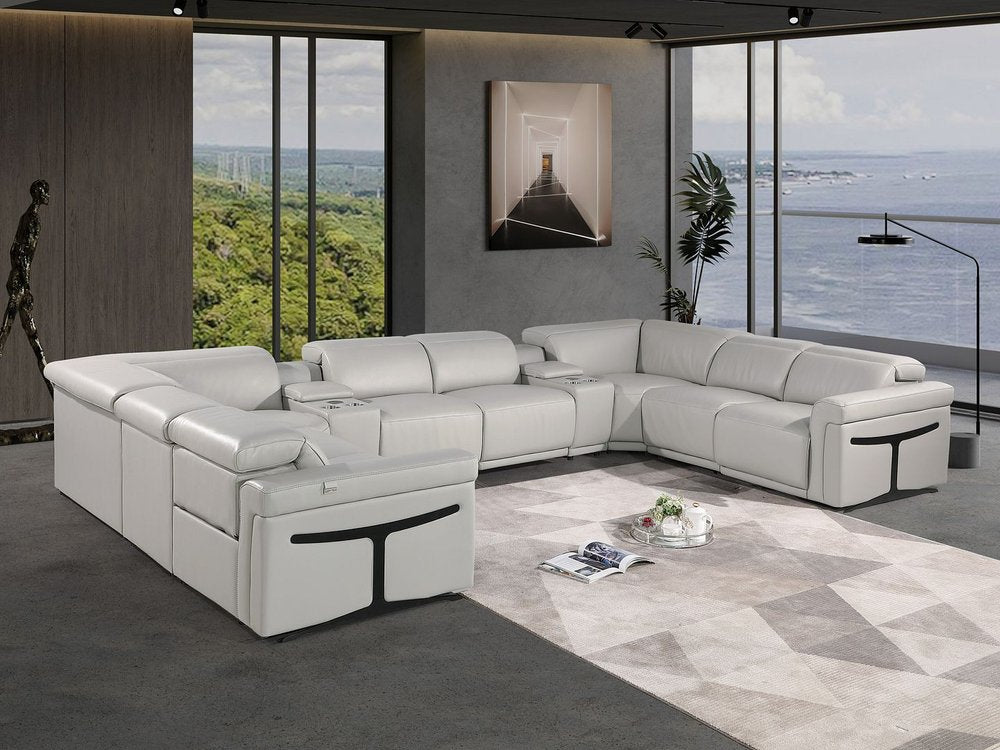 Light Gray Italian Leather Power Reclining U Shaped Ten Piece Corner Sectional With Console HomeRoots