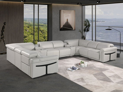 Light Gray Italian Leather Power Reclining U Shaped Ten Piece Corner Sectional With Console HomeRoots