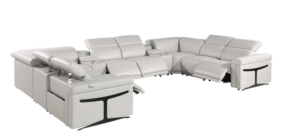 Light Gray Italian Leather Power Reclining U Shaped Ten Piece Corner Sectional With Console HomeRoots