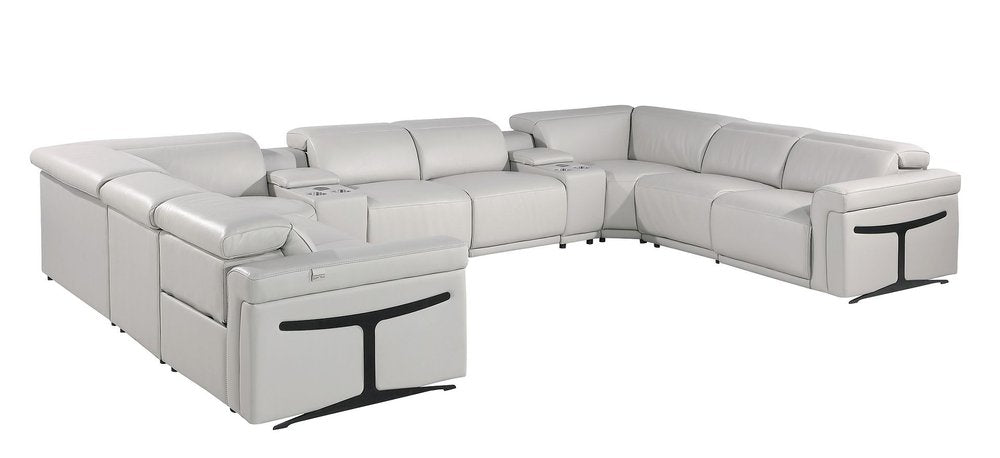 Light Gray Italian Leather Power Reclining U Shaped Ten Piece Corner Sectional With Console HomeRoots
