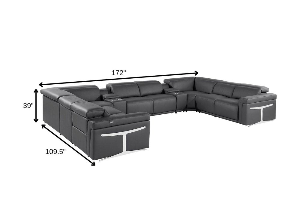 Dark Gray Italian Leather Power Reclining U Shaped Ten Piece Corner Sectional With Console HomeRoots