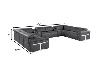Dark Gray Italian Leather Power Reclining U Shaped Ten Piece Corner Sectional With Console HomeRoots