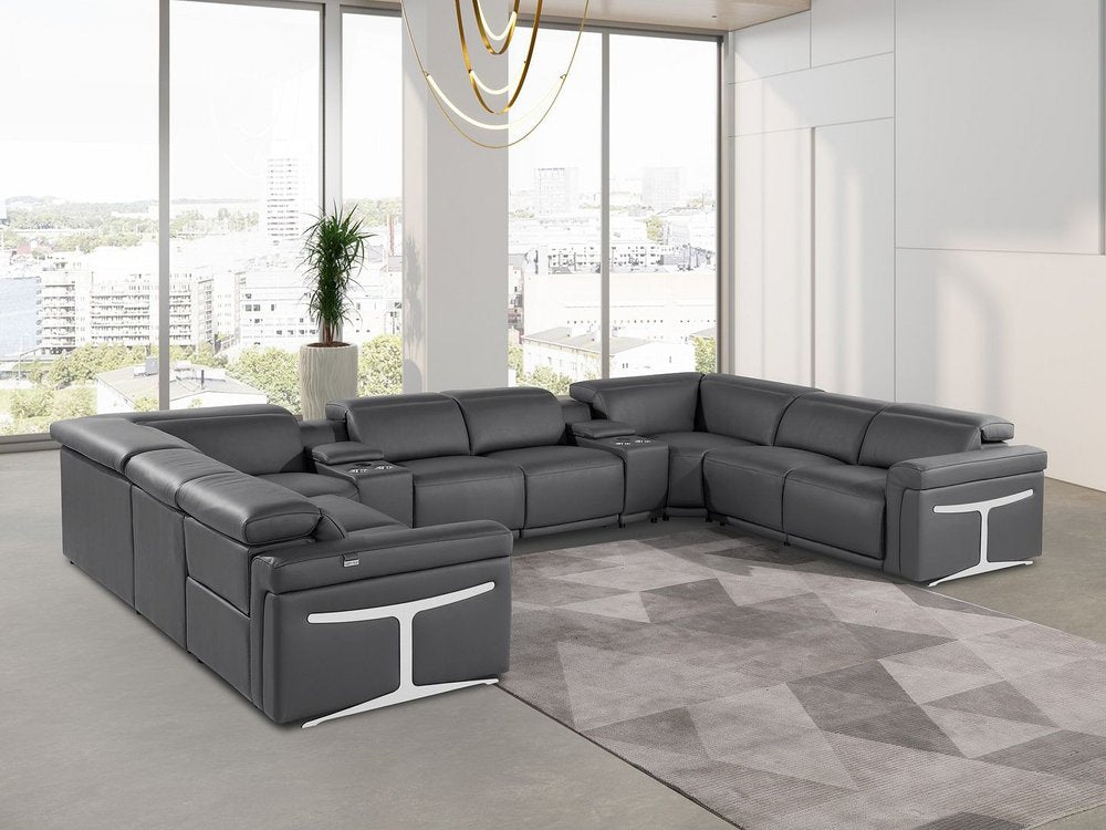 Dark Gray Italian Leather Power Reclining U Shaped Ten Piece Corner Sectional With Console - FurniFindUSA