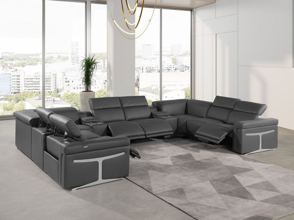Dark Gray Italian Leather Power Reclining U Shaped Ten Piece Corner Sectional With Console - FurniFindUSA
